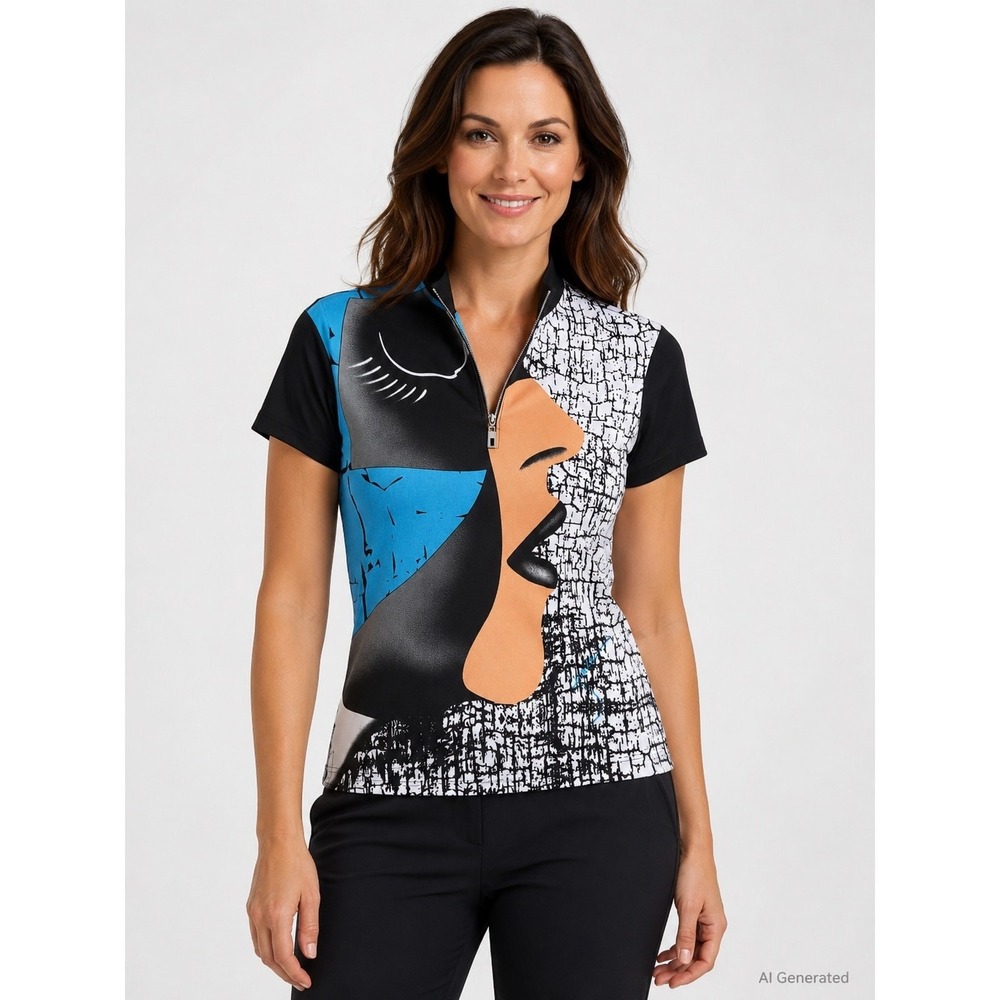 Jamie Sadock Womens S Abstract Face Golf Polo Top Blue Black White Zip Neck